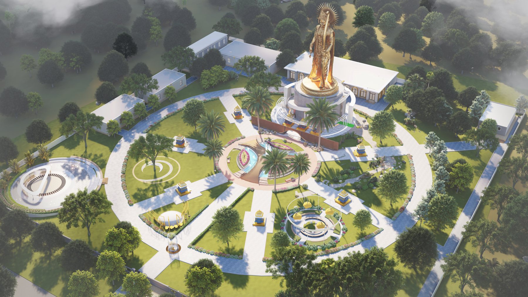 Aerial render of the Sri Rama monument complex at Mantralayam