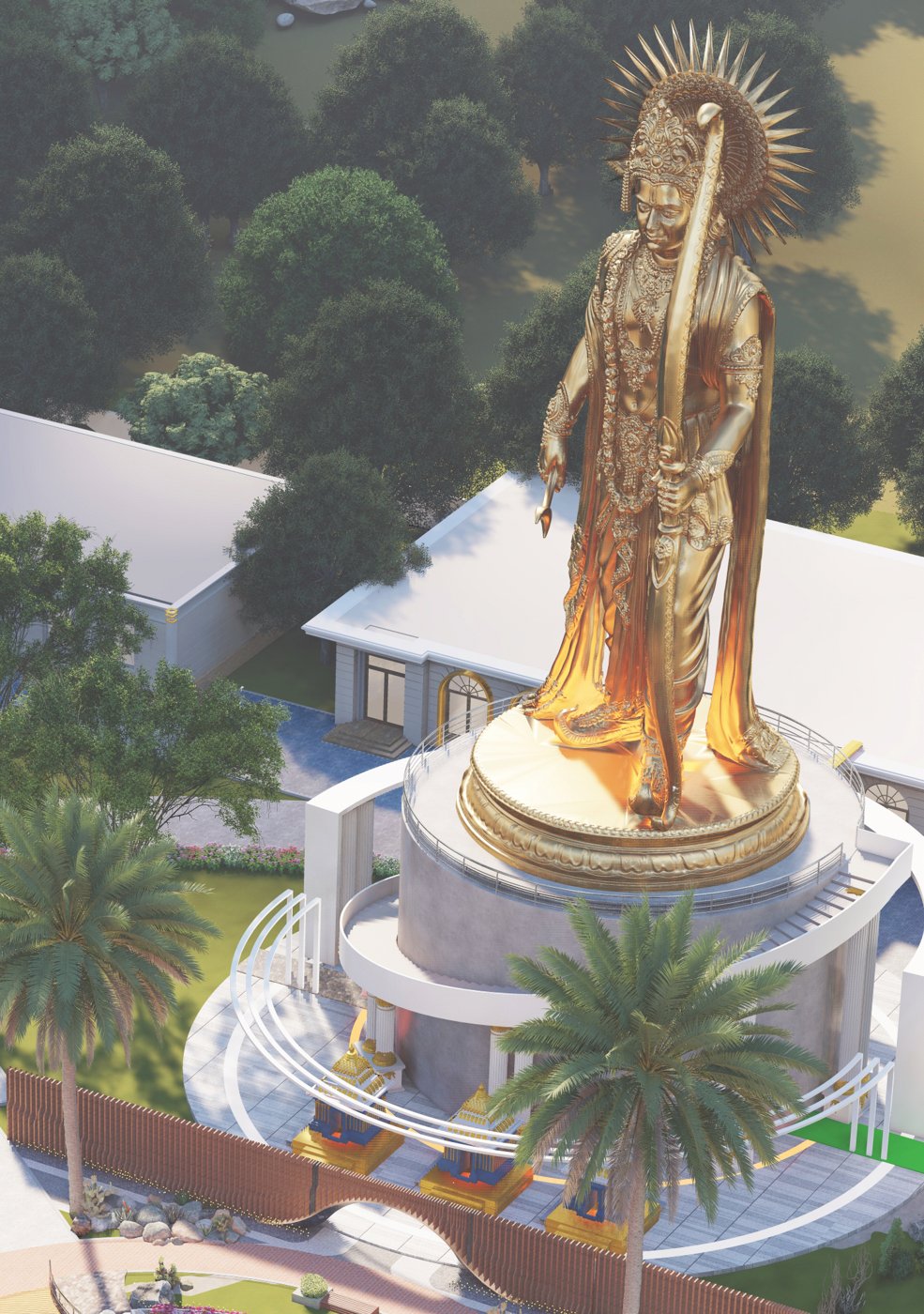 Close render of the 108 ft golden murti of Lord Sri Rama